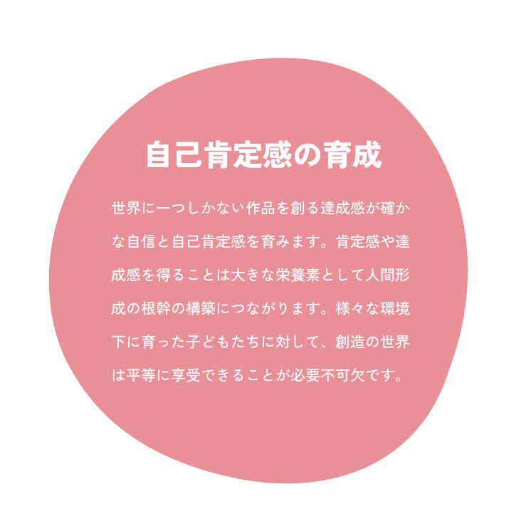 自己肯定感の育成: 世界に一つしかない作品を創る達成感が確かな自信と自己肯定感を育みます。肯定感や達成感を得ることは大きな栄養素として人間形成の根幹の構築につながります。様々な環境下に育った子どもたちに対して、創造の世界は平等に享受できることが必要不可欠です。